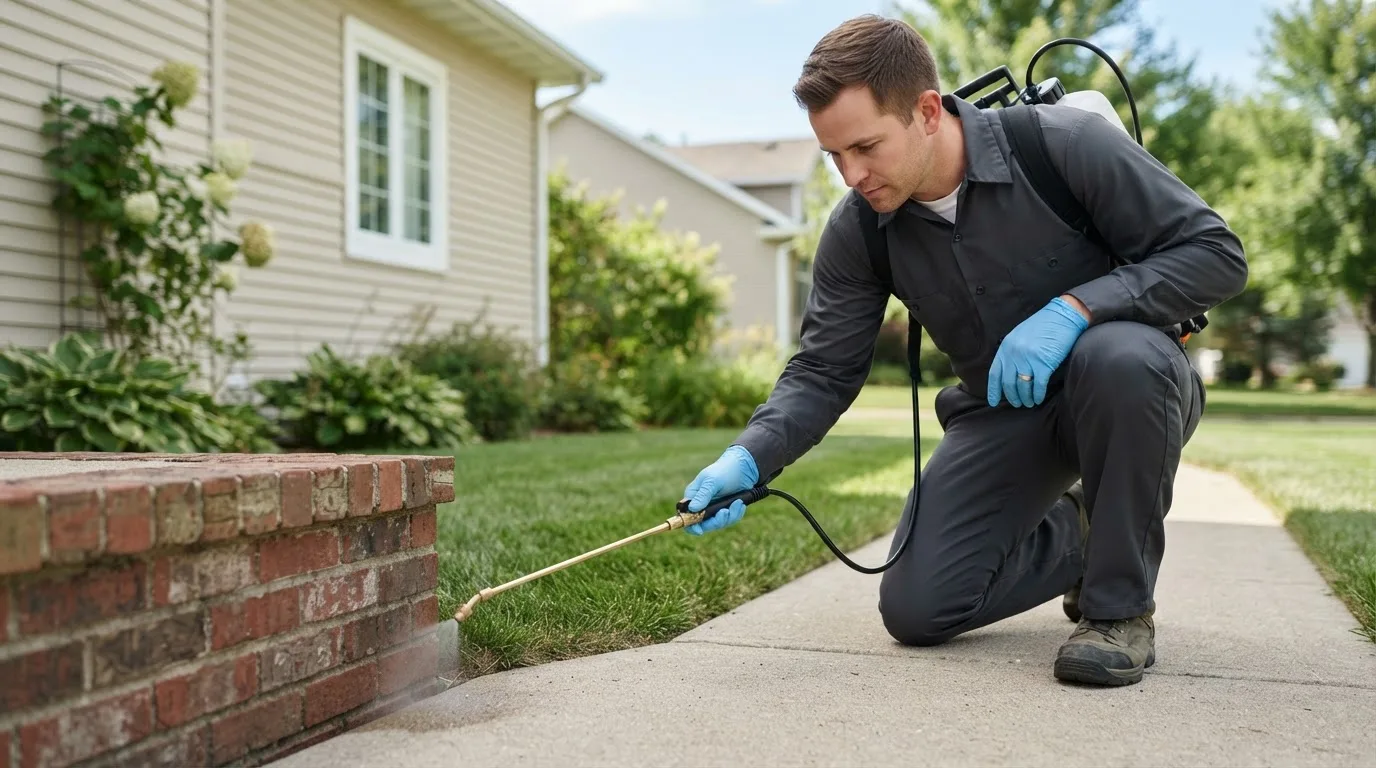 Pest control technician treating a home near Bayport, NY