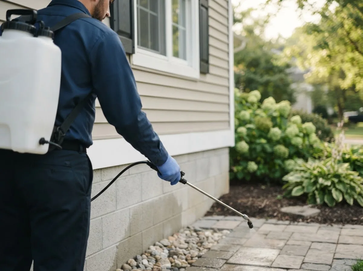 Pest control technician inspecting a home in Bayport, NY